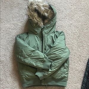 J. Crew Crewcuts Kids Green Puffer Bomber Jacket with Sherpa Lined Hood